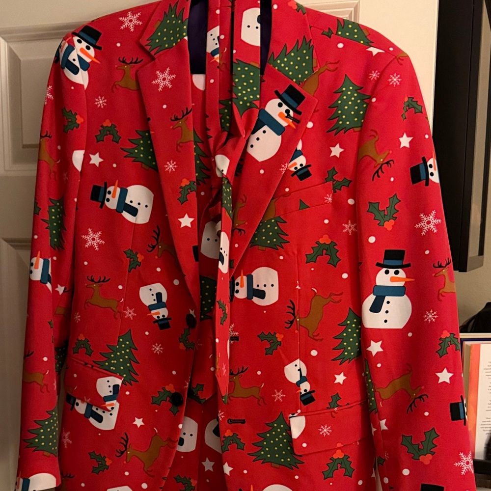 OppoSuits Red Christmas Suit with Snowman and Tree Design - Picture 7 of 10